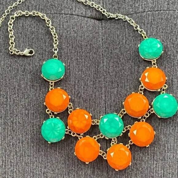 Bold Teal and Orange Statement Bib Necklace 20in Hexagonal Geometric Beads - Picture 3 of 12